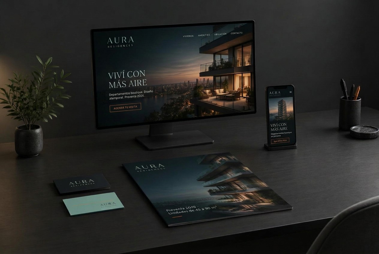 Identidad, redes sociales, landing y seguimiento comercial del proyecto conceptual AURA Residences